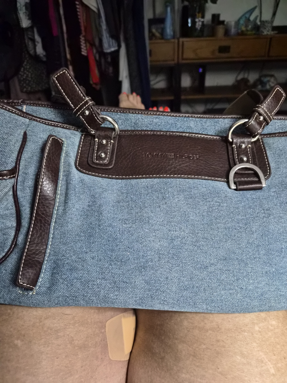 Tommy Hilfiger Blue Denim Shoulder Bag with Brown Leather Trim